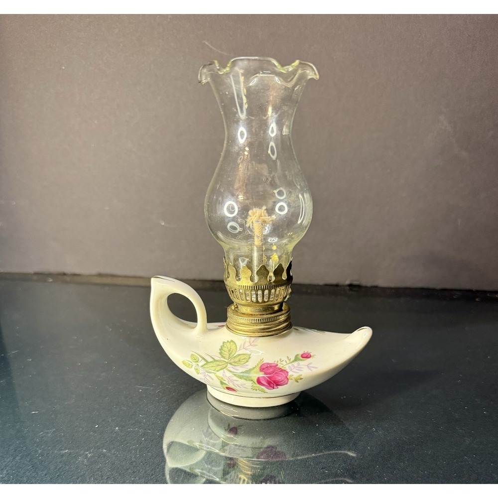 Vintage‎ Miniature Porcelain Oil Lamp w/ Roses Floral Design 6.75" Tall
